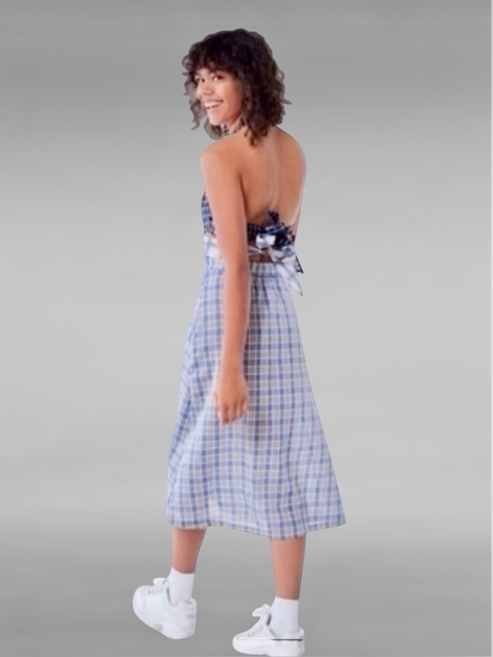 Urban Outfitters Navy, Ivory and Tan Plaid/Striped Midi Dress Size Small